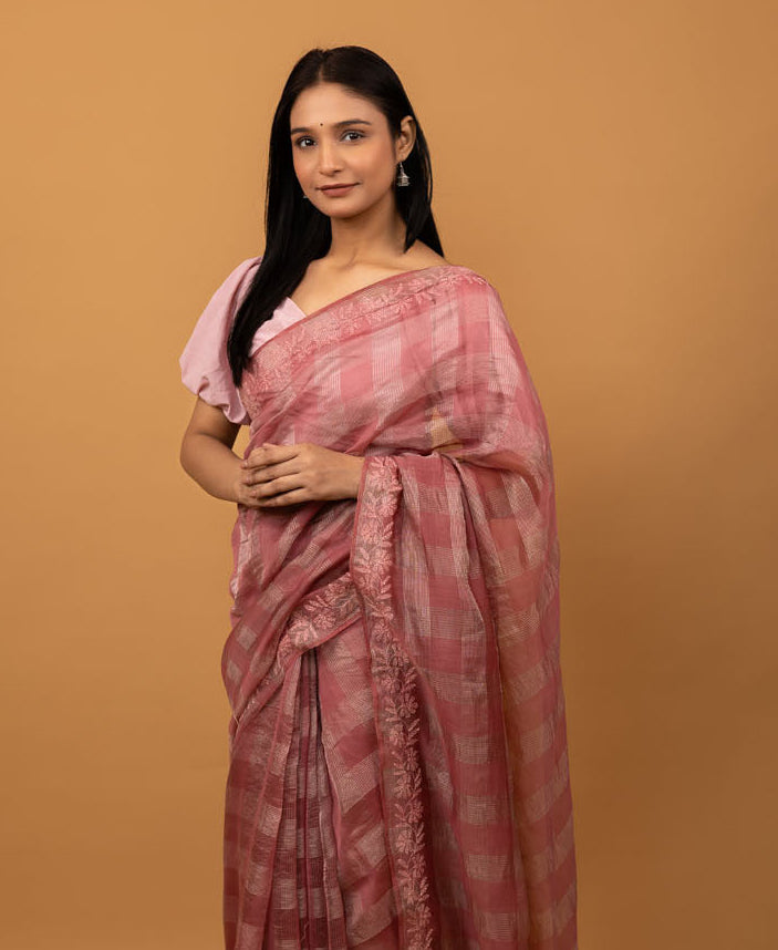 Women wearing Pink Chanderi Tissue Chikankari Saree Front view