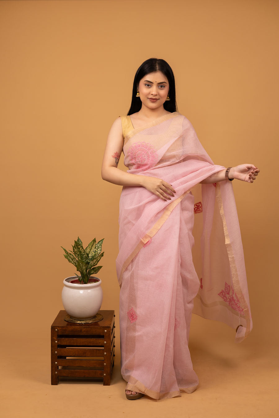 Light Rose Pink Kotadoriya Cotton Saree with Delicate Chikankari bootas front view
