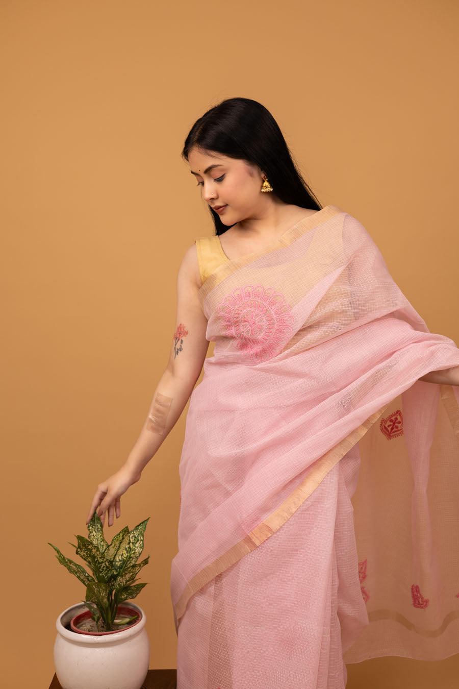 Vidushi | Light Pink Kotadoriya Cotton Chikankari Saree