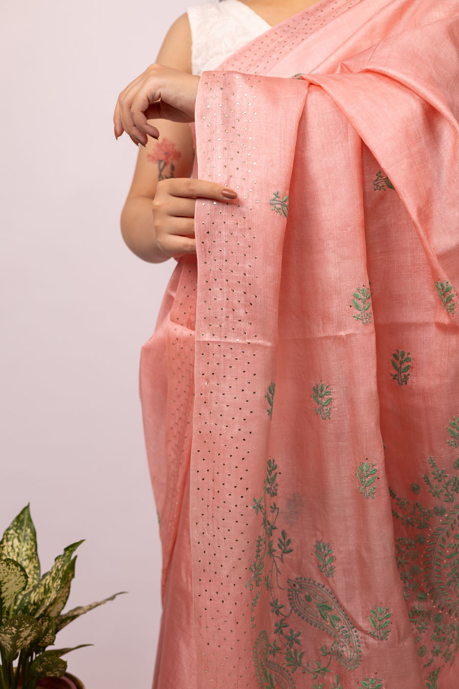 Chitralekha | Blush Peach Tussar Silk Chikankari Saree