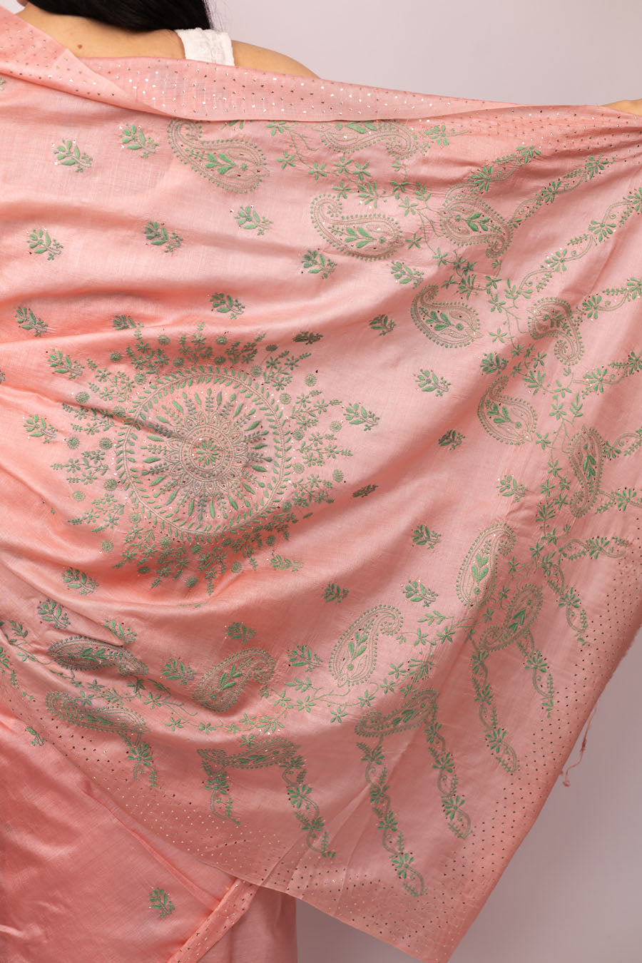 Chitralekha | Blush Peach Tussar Silk Chikankari Saree