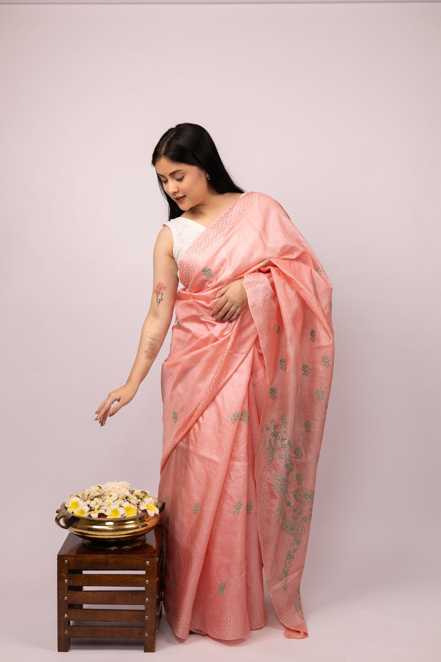 Chitralekha | Blush Peach Tussar Silk Chikankari Saree