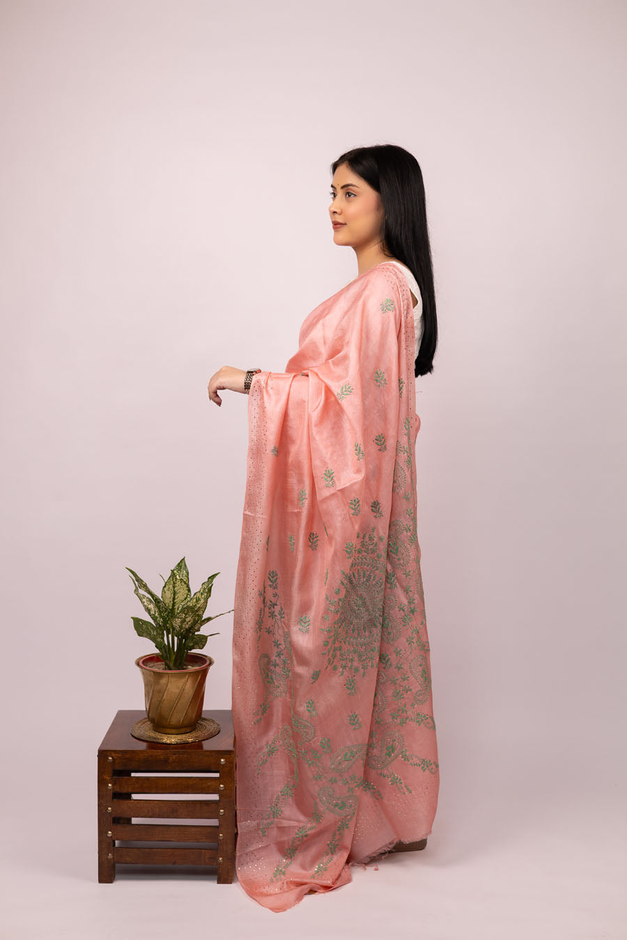 Peachy Pink Tussar silk Chikankari saree with Mueish work Perfect day weddings