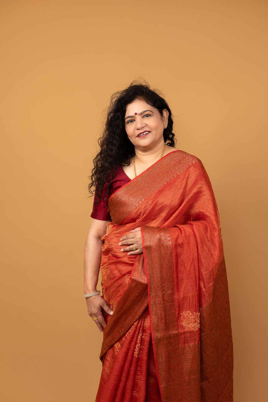 Chitralekha |Tomato Red Tussar Silk Kota zari Chikankari Saree