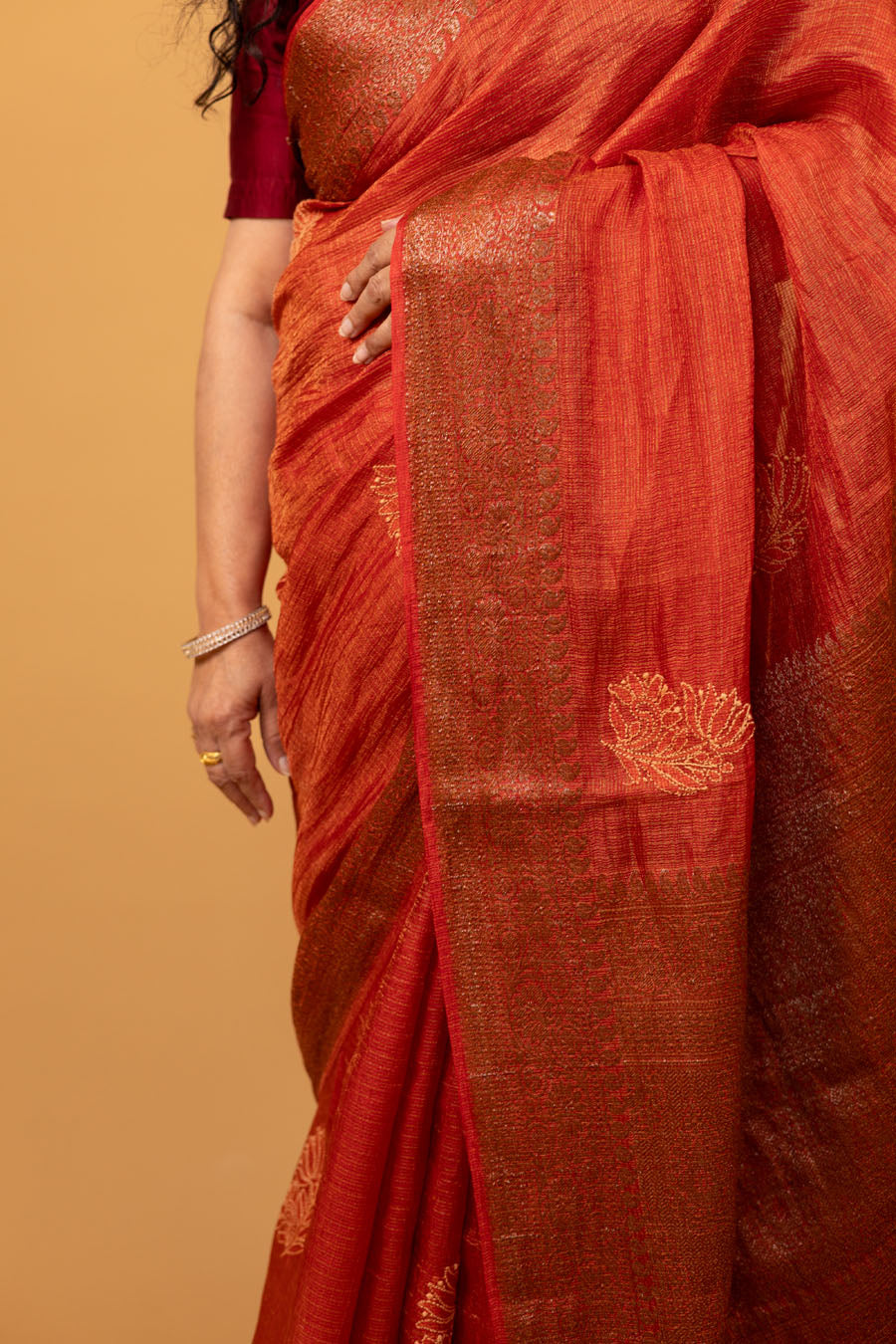 Chitralekha |Tomato Red Tussar Silk Kota zari Chikankari Saree