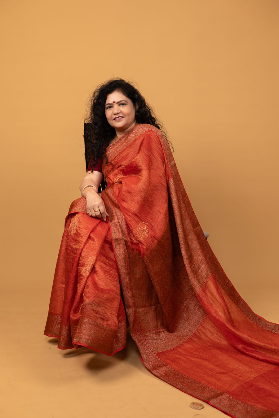 Chitralekha |Tomato Red Tussar Silk Kota zari Chikankari Saree