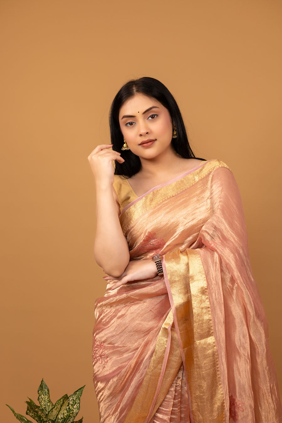Chitralekha | Rose Gold Benarsi Tissue Silk Chikankari Saree