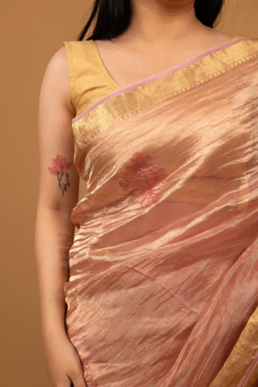 Chitralekha | Rose Gold Benarsi Tissue Silk Chikankari Saree