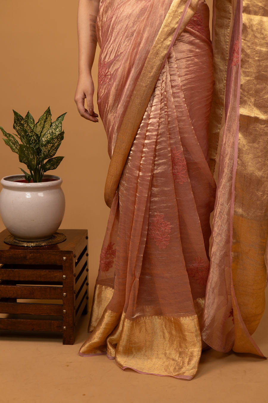 Chitralekha | Rose Gold Benarsi Tissue Silk Chikankari Saree