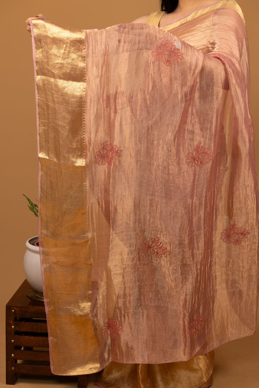 Chitralekha | Rose Gold Benarsi Tissue Silk Chikankari Saree