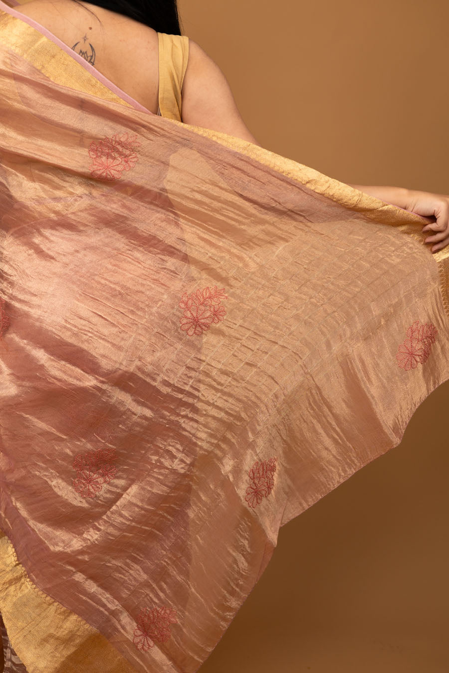 Chitralekha | Rose Gold Benarsi Tissue Silk Chikankari Saree