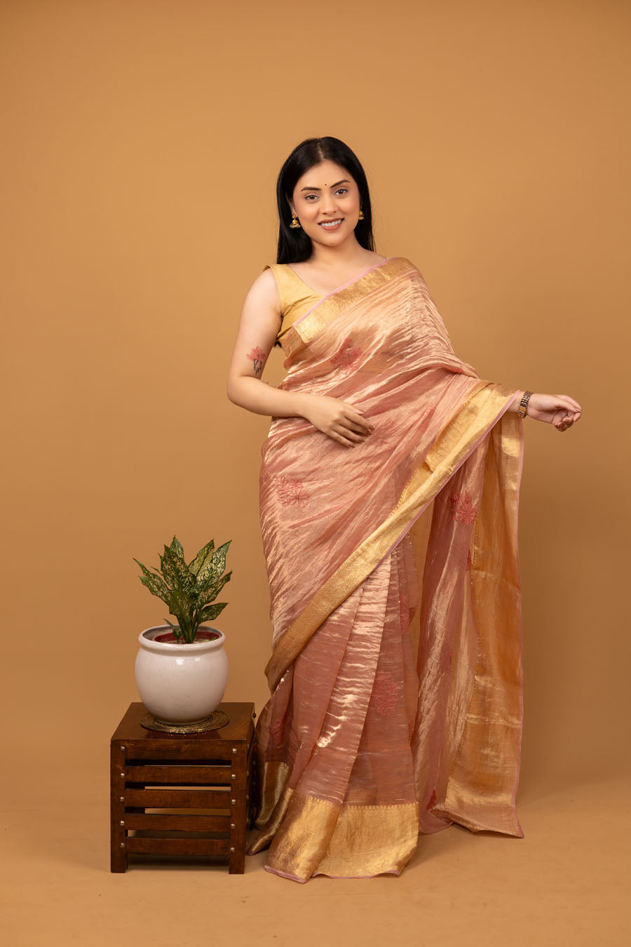 Chitralekha | Rose Gold Benarsi Tissue Silk Chikankari Saree