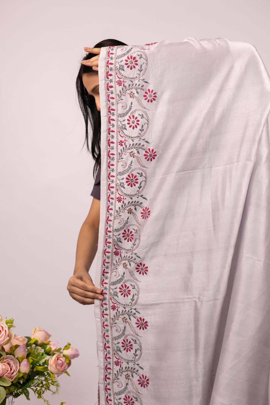 Urvashi | Starlight Silver Dupion Silk Chikankari Saree