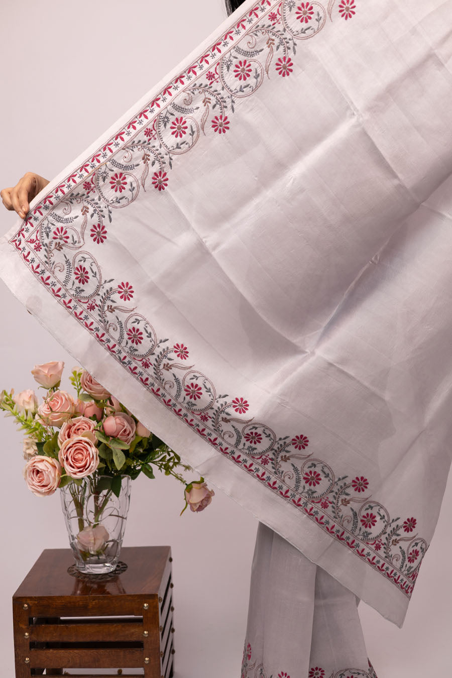 Urvashi | Starlight Silver Dupion Silk Chikankari Saree