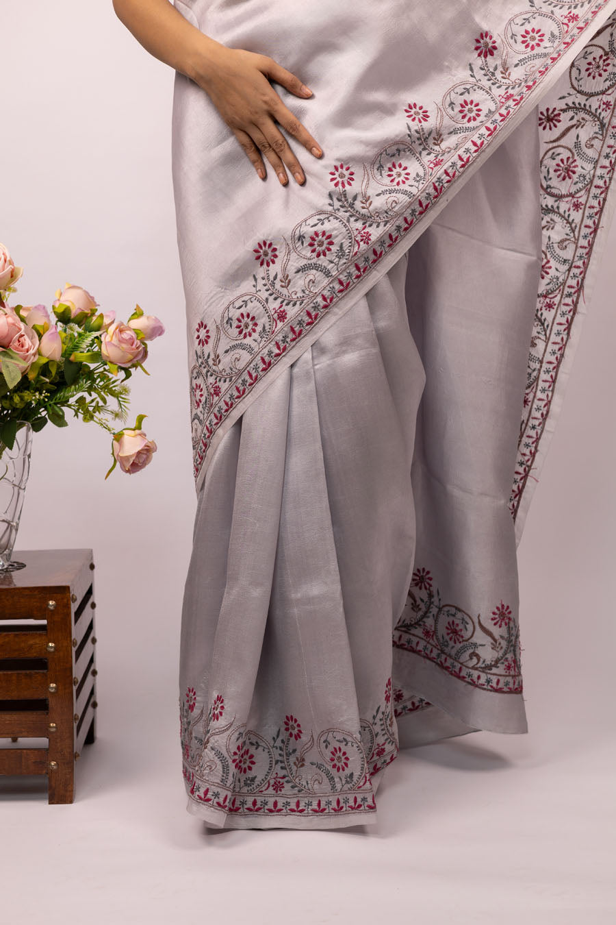 Urvashi | Starlight Silver Dupion Silk Chikankari Saree