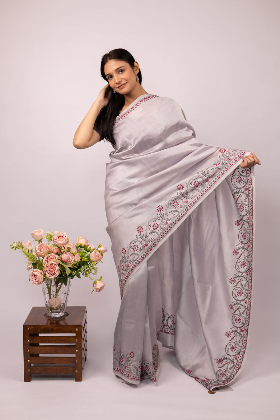 Urvashi | Starlight Silver Dupion Silk Chikankari Saree