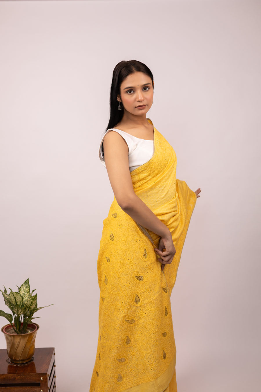 Urvashi | Turmeric Yellow Chanderi Silk Chikankari Saree