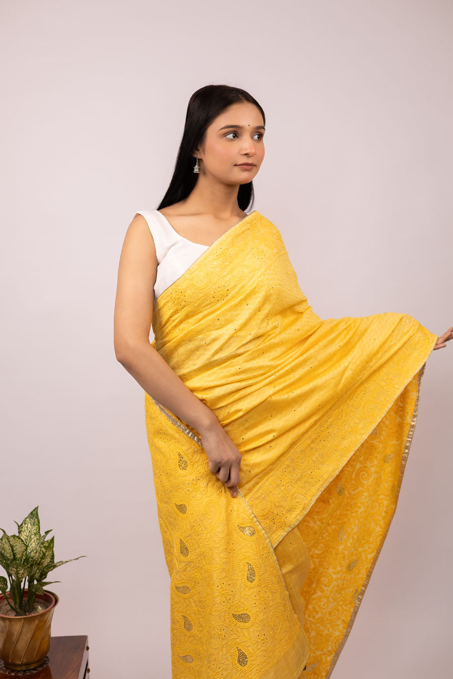 Urvashi | Turmeric Yellow Chanderi Silk Chikankari Saree