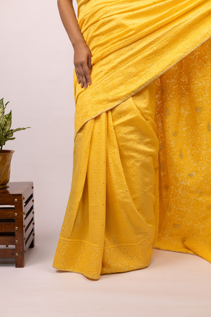 Urvashi | Turmeric Yellow Chanderi Silk Chikankari Saree