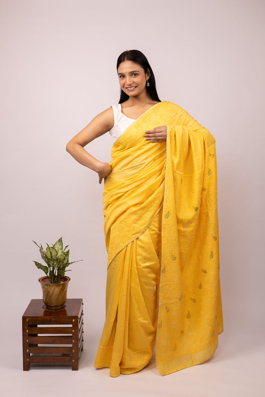 Yellow Chanderi Silk Chikankari Saree with Mukeish work