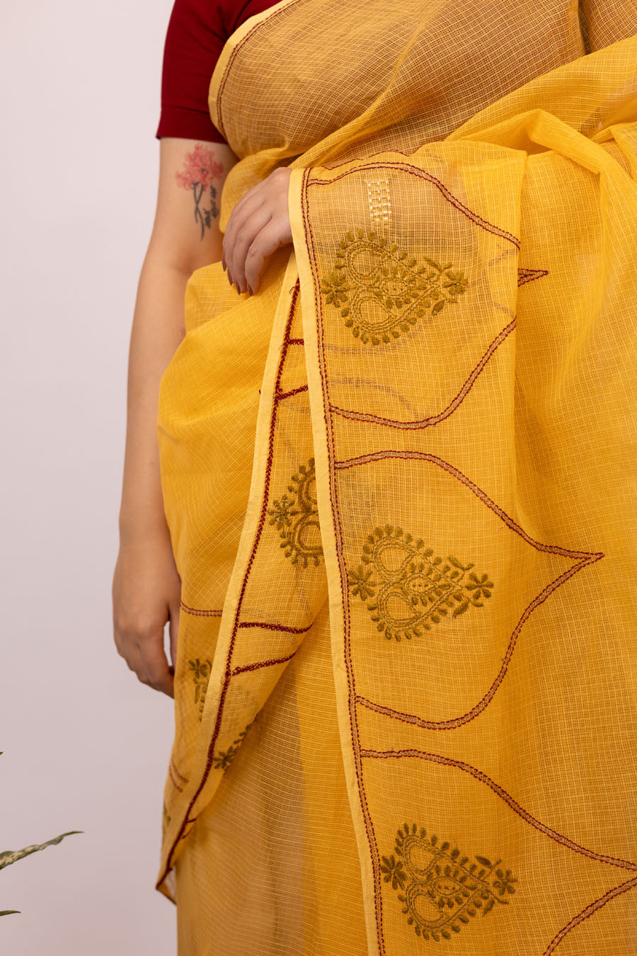 Perfect for summer an Ochre Yellow Kotadoriya Cotton Saree with a beautiful design bel across border 