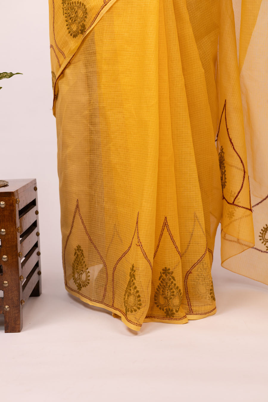 Vidushi | Ochre Yellow Kotadoriya Cotton Chikankari Bel Border Saree