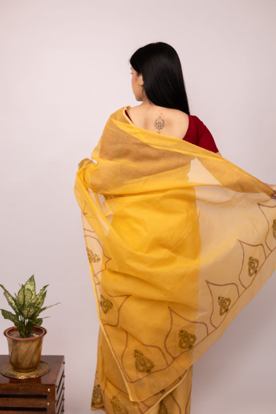 Vidushi | Ochre Yellow Kotadoriya Cotton Chikankari Bel Border Saree