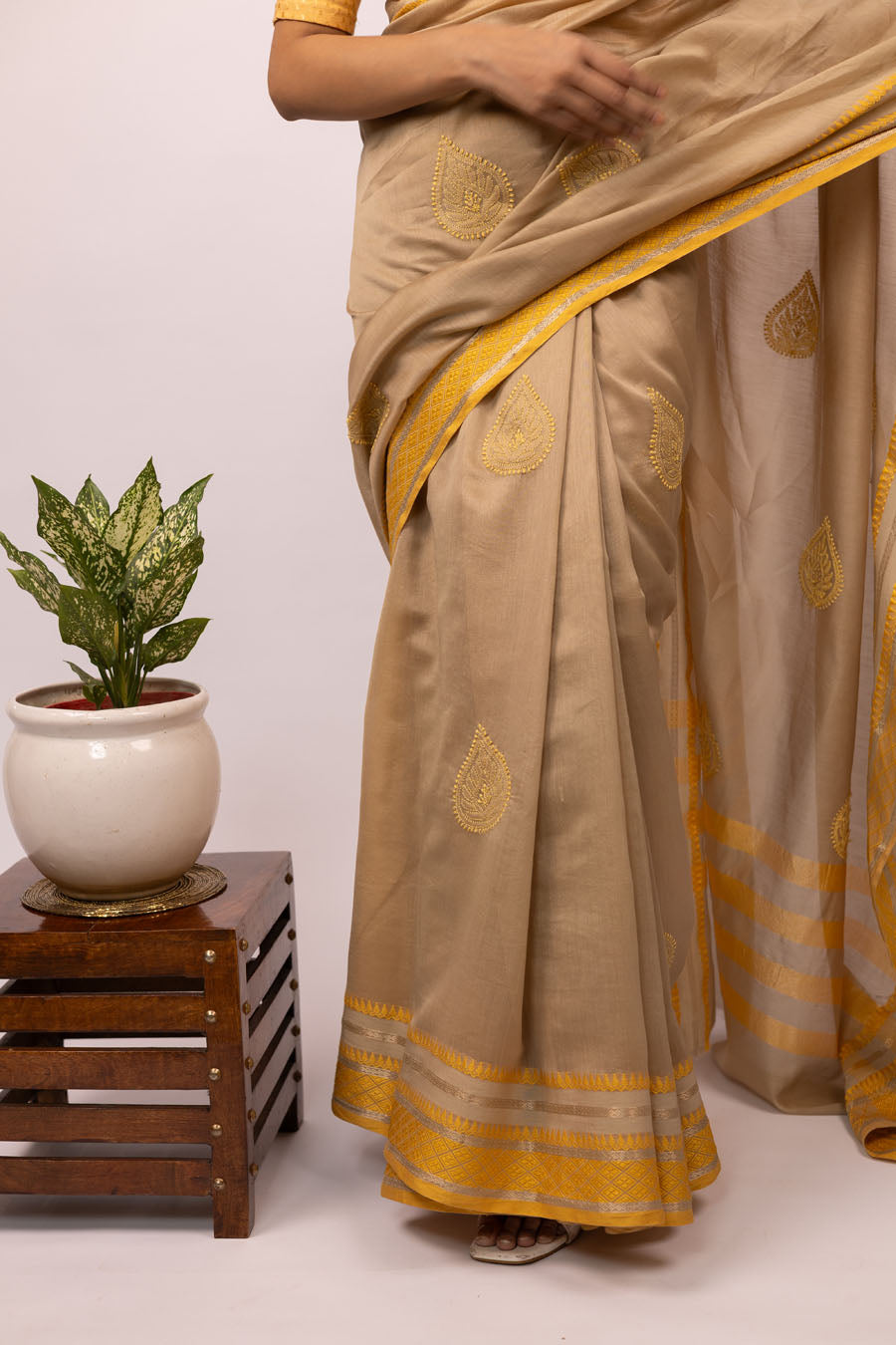 Best for teachers and Principal to wear at school Beige Mangalgiri cotton Chikankari Saree