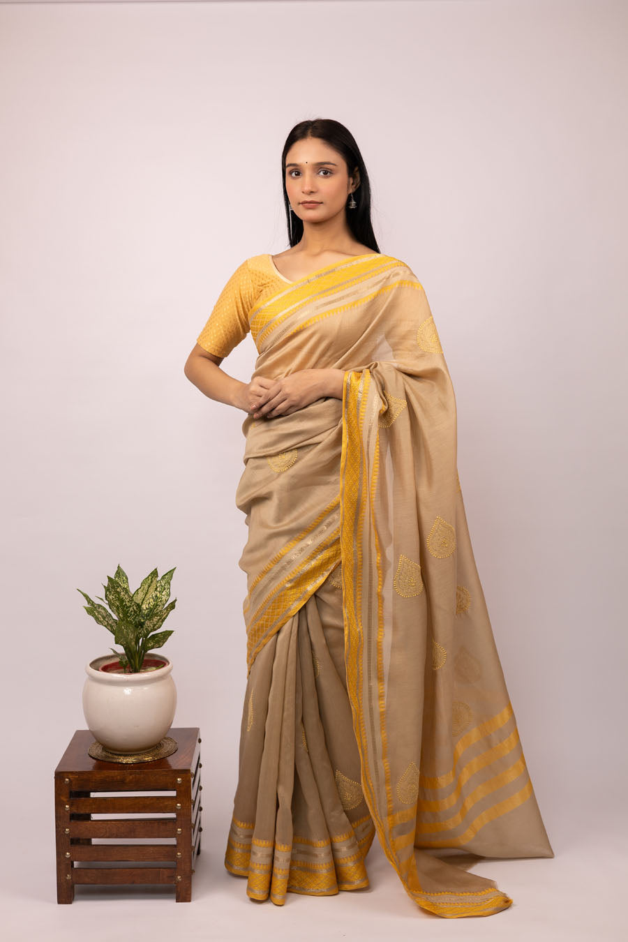 Vidushi | Earthmist Beige Mangalgiri Cotton Chikankari Saree