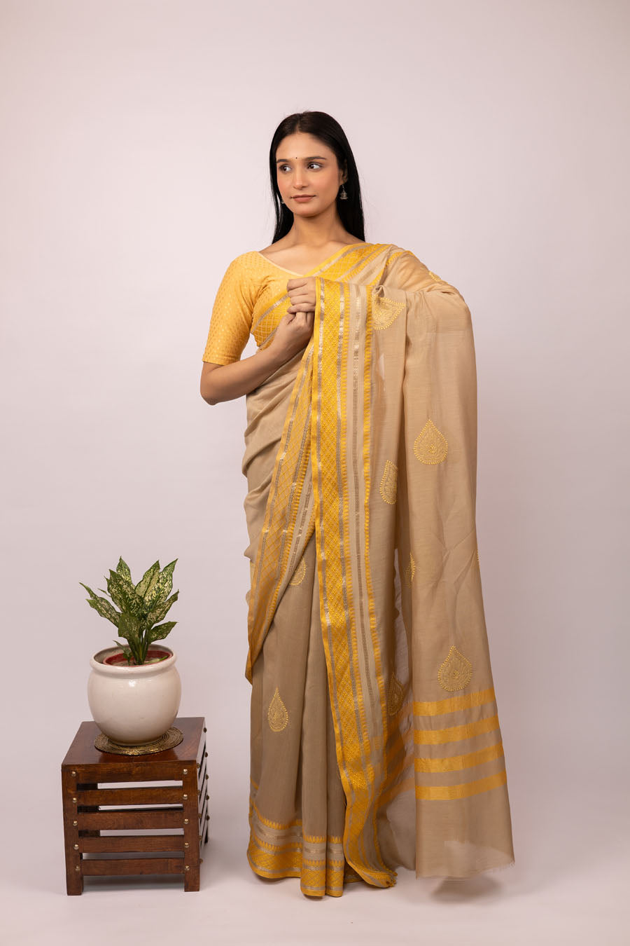Vidushi | Earthmist Beige Mangalgiri Cotton Chikankari Saree