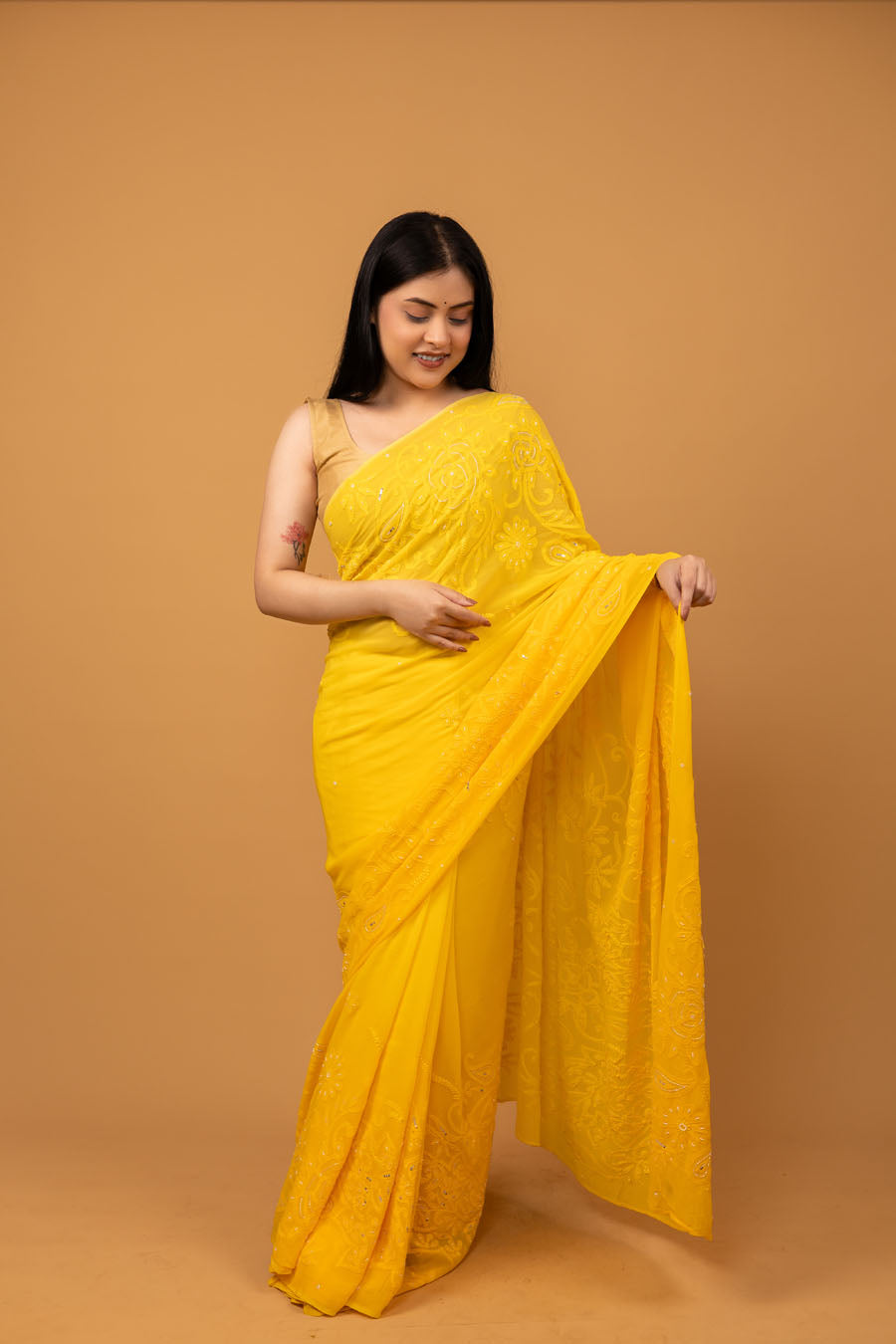 Yellow Georette chikankari Saree with Ombre shading