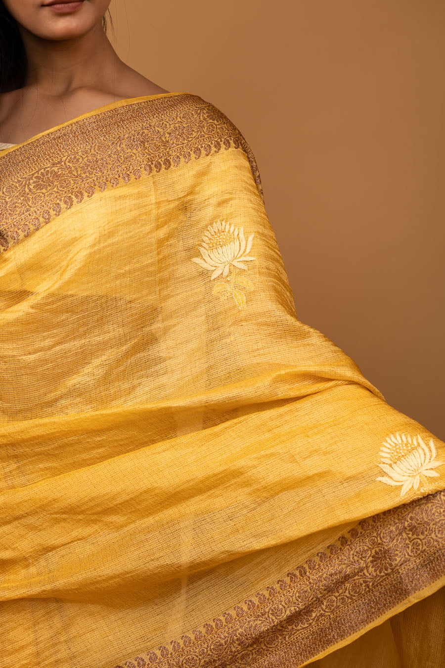 Chitralekha | Sunflower Yellow Tussar Silk Kota zari  Chikankari Saree