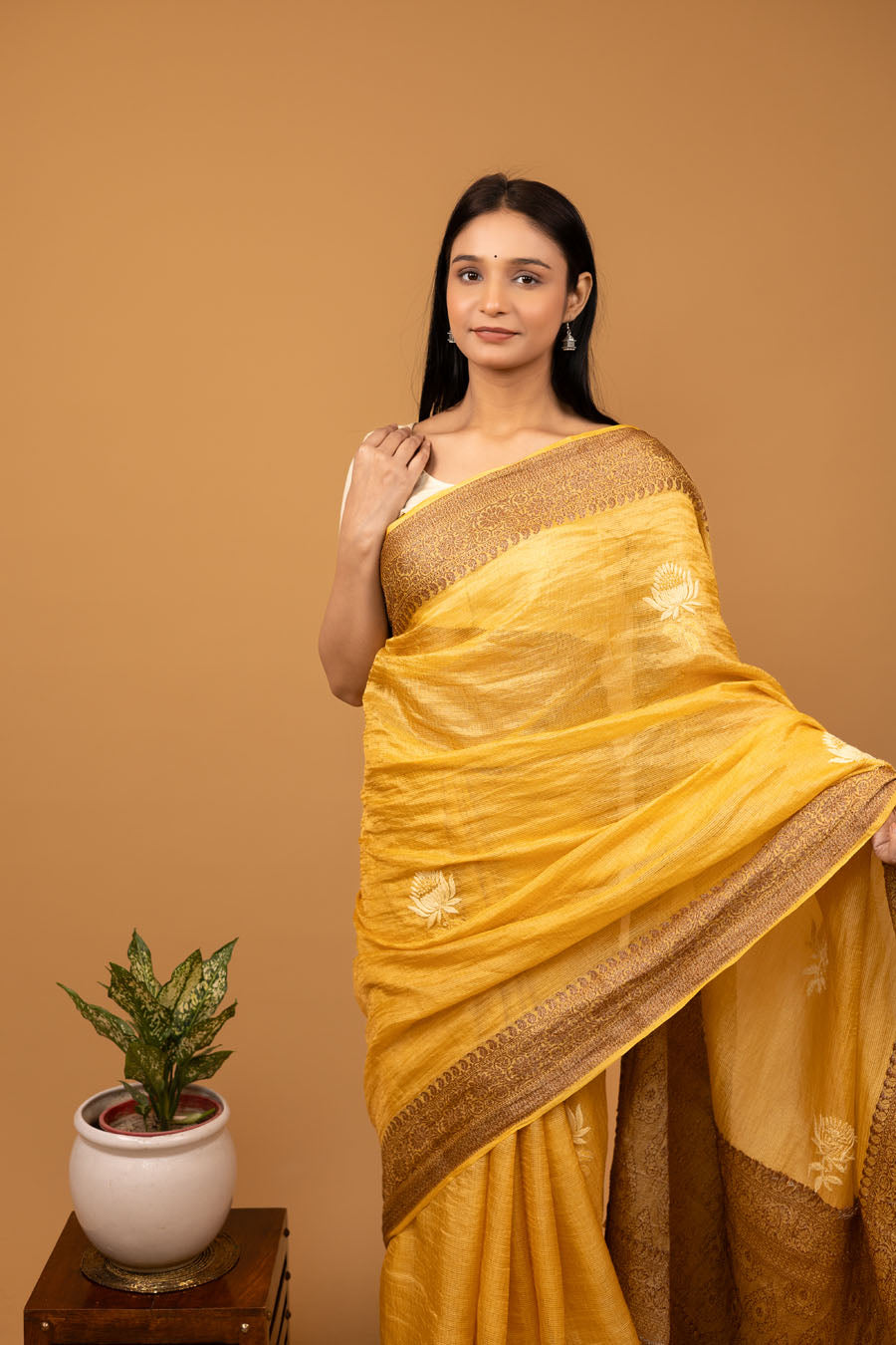 Chitralekha | Sunflower Yellow Tussar Silk Kota zari  Chikankari Saree
