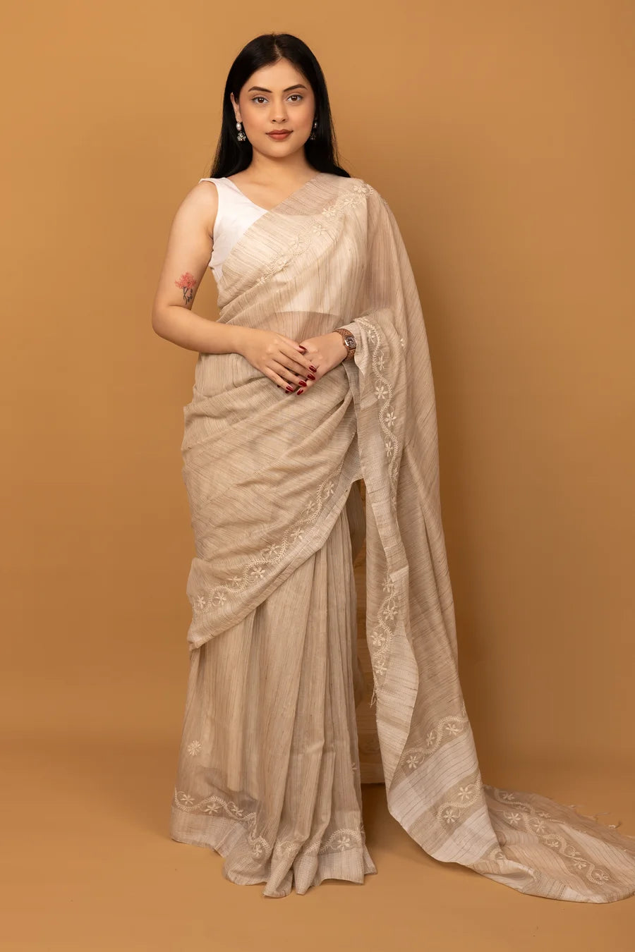 Handcrafted Beige Cotton Saree with Floral Embroidery and Matching Blouse