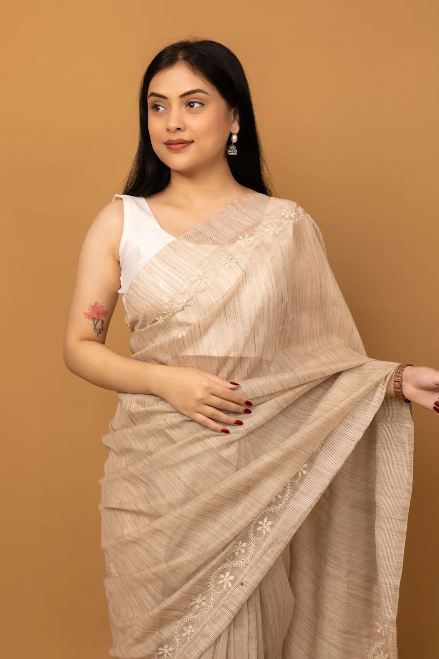 Handcrafted Beige Cotton Saree with Floral Embroidery and Matching Blouse