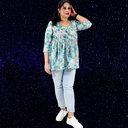 Kota Printed Chikankari Frock Top Angarkha Style (Rama Green)