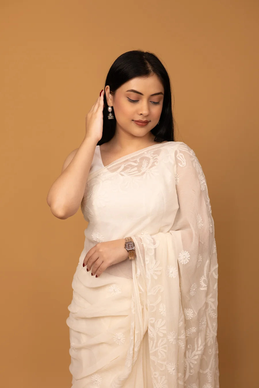 elegant white saree with handmade chikankari work