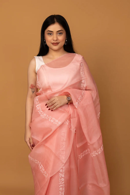 Elegant Pink Cotton Saree with Floral Embroidered Border and Matching Blouse