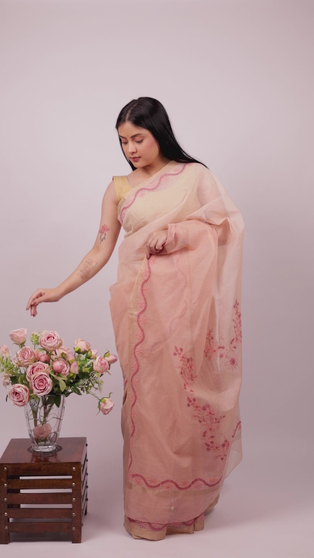 Vidushi | Blush Peach Kotadoriya Cotton Chikankari Saree