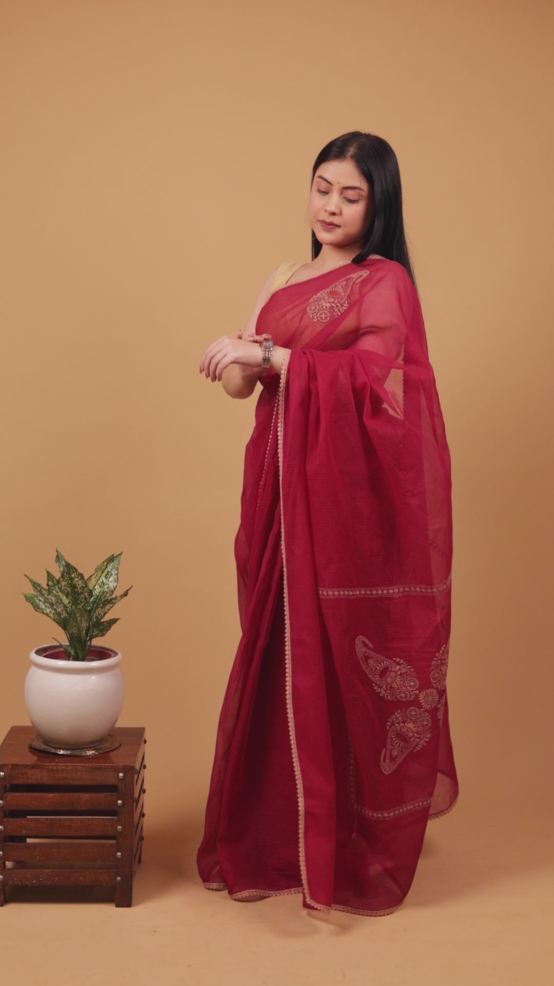Vidushi | Enchanting Maroon Kotadoriya Cotton Chikankari Saree