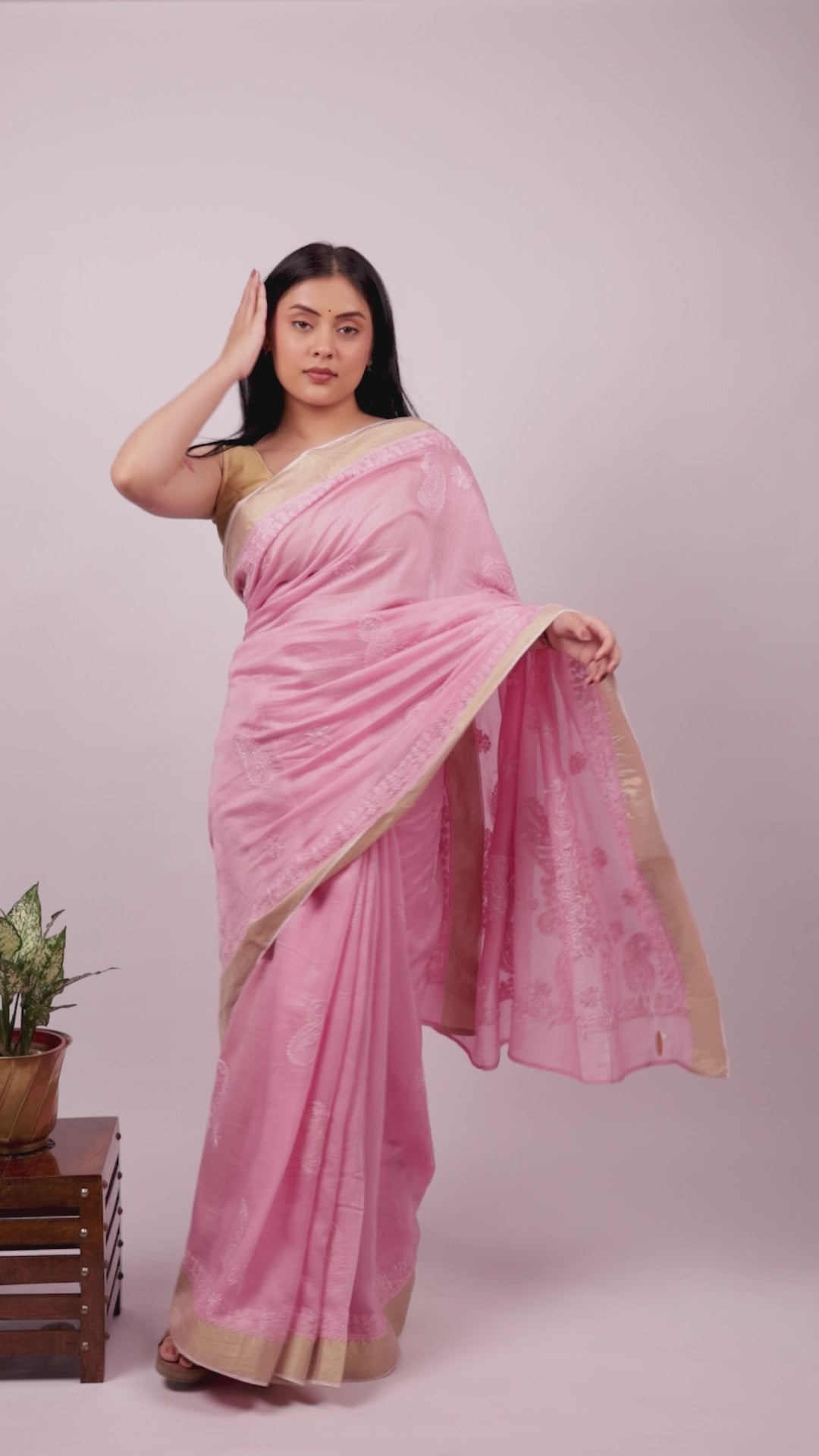 Urvashi | Pink Chanderi Silk Chikankari Saree