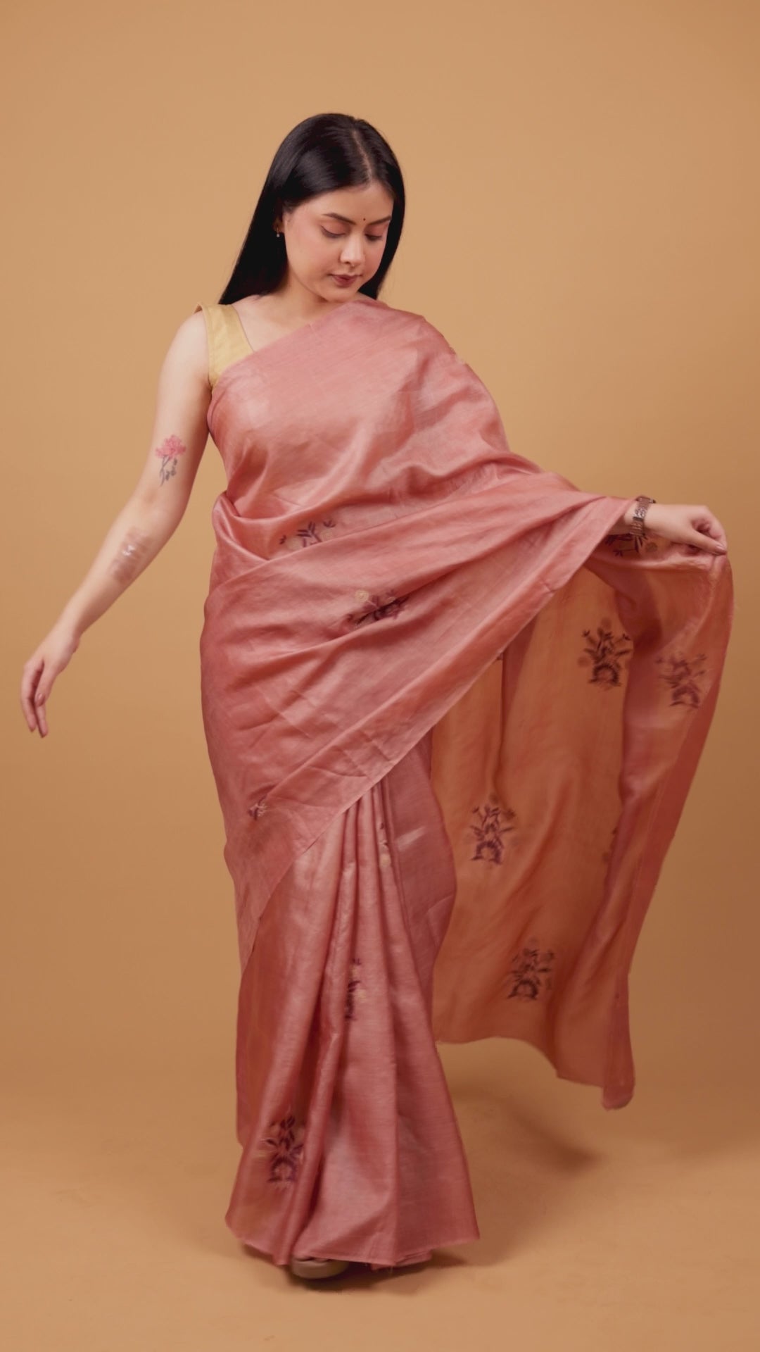 Urvashi | Peach Blossom Tussar Silk Chikankari Saree