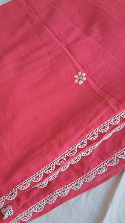 Mulmul cotton Chikankari Saree  (Rani Pink)
