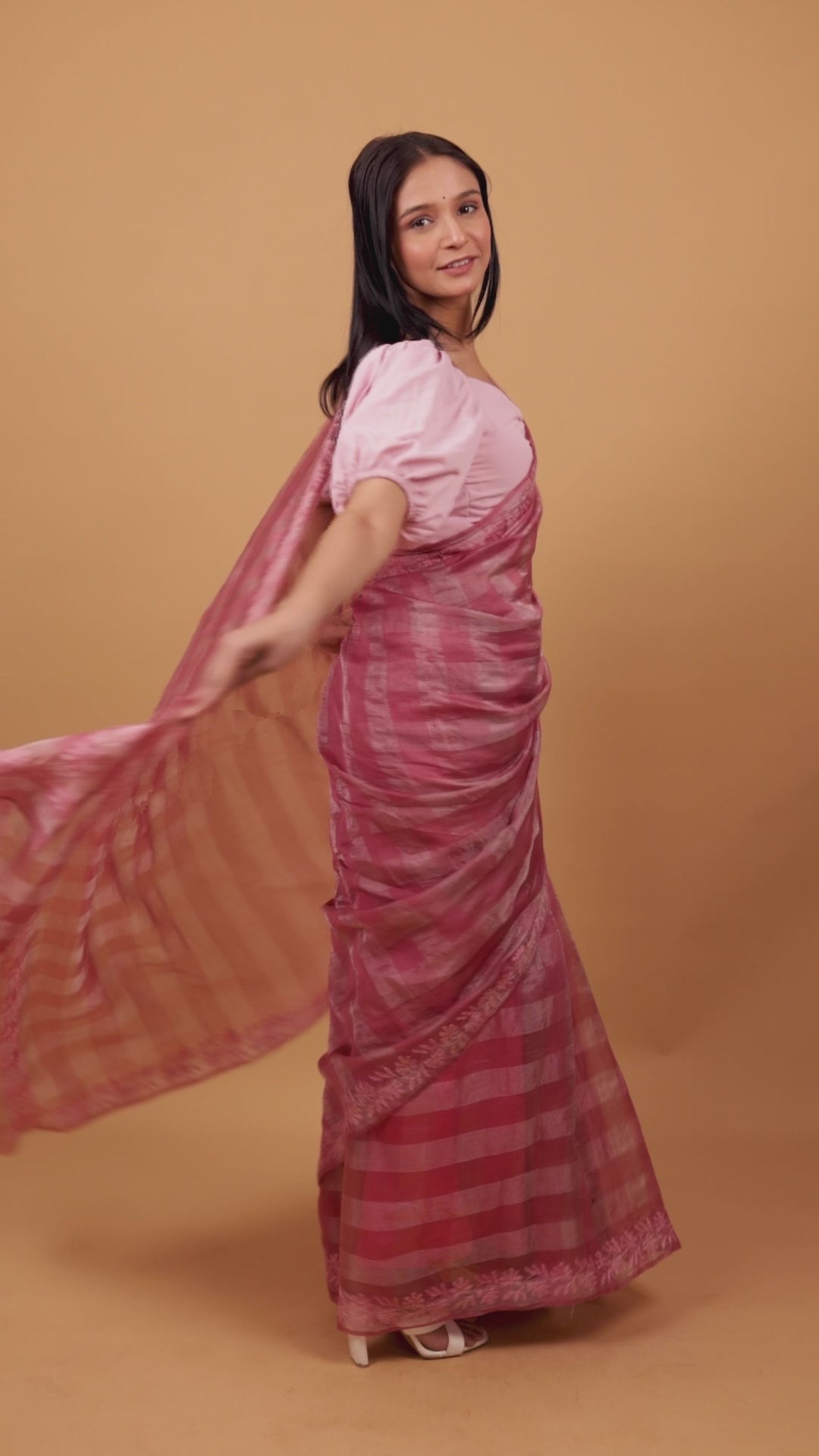 Urvashi | Pink Chanderi Tissue Silk Saree with intricate Chikankari