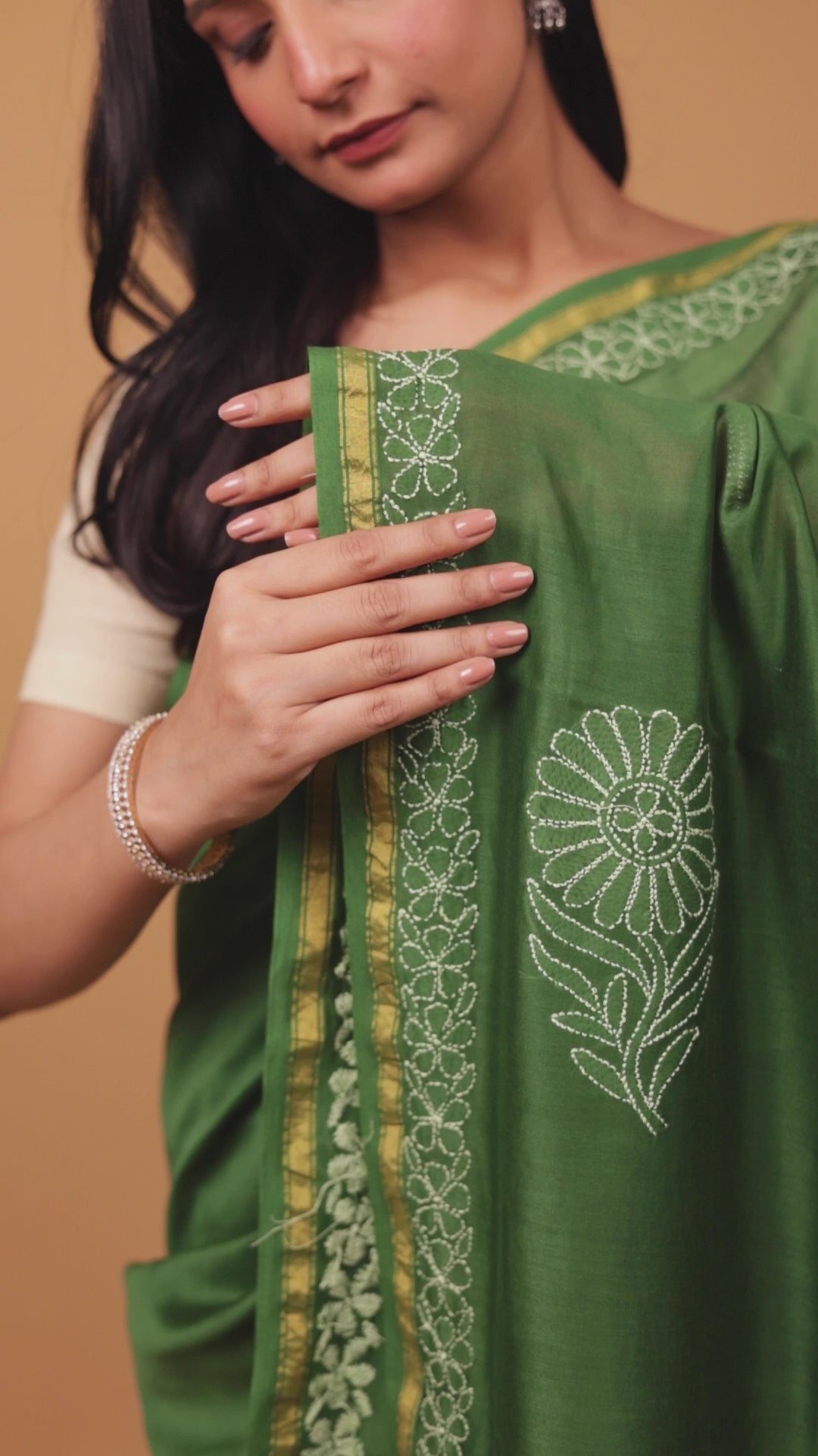 Urvashi | Jade Green Chanderi Silk Chikankari Saree