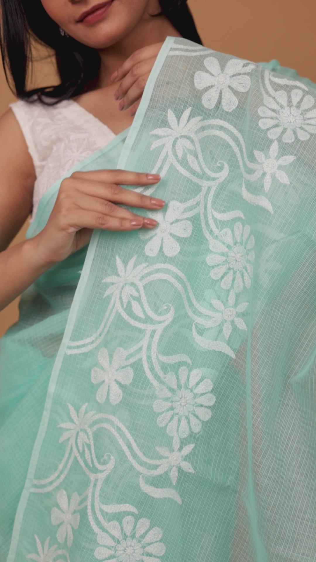 Vidushi | Serene Turquoise Blue Kotadoriya Cotton Chikankari Saree