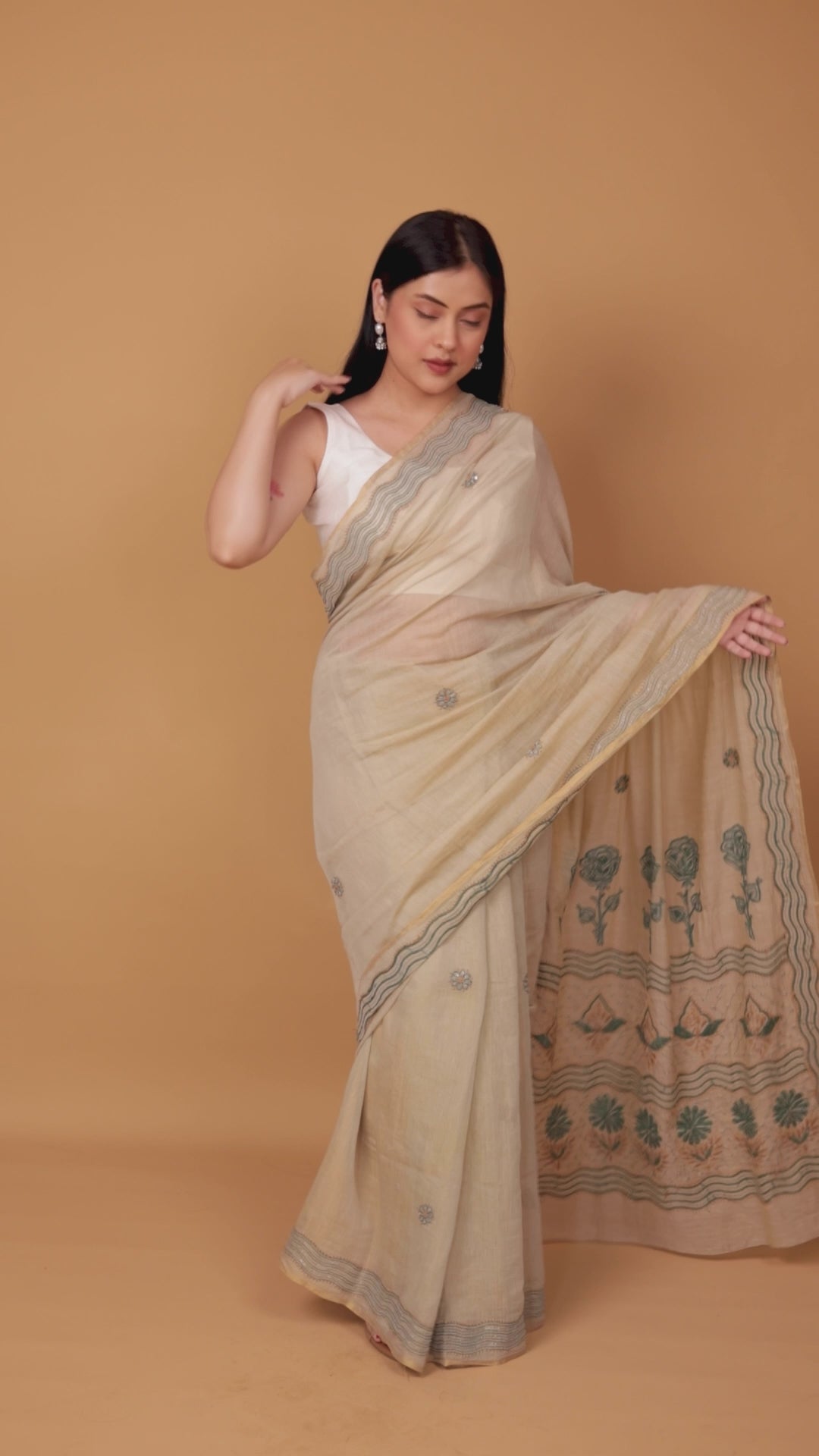 Chitralekha | Sage Green Chanderi Tissue Silk Chikankari Saree