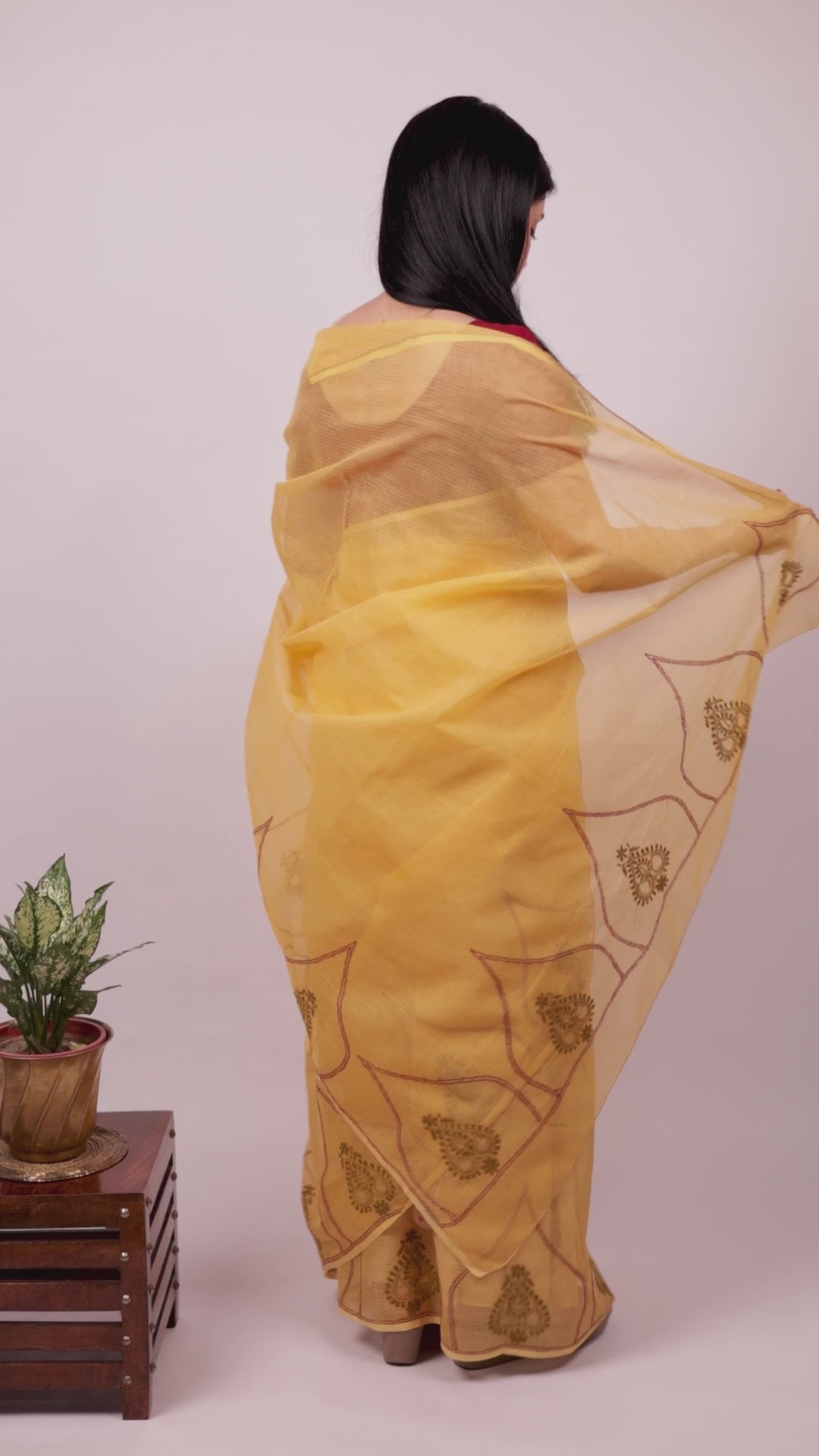 Vidushi | Ochre Yellow Kotadoriya Cotton Chikankari Bel Border Saree