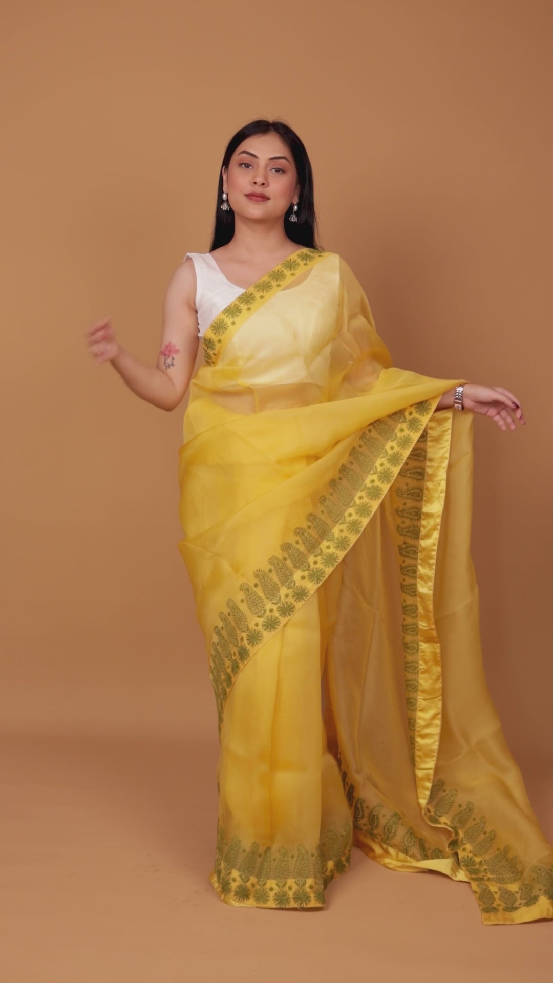 Urvashi | Amber Yellow Organza Silk Chikankari Saree