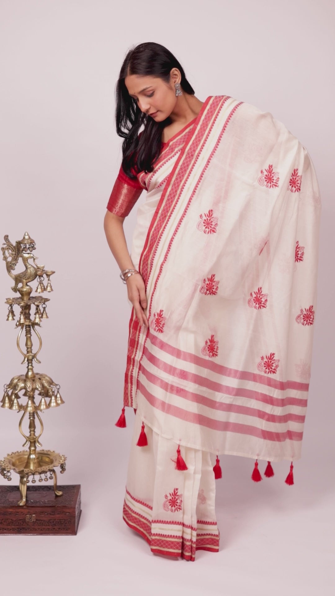 Vidushi | Imperial Off White & Red Mangalgiri cotton Chikankari Saree